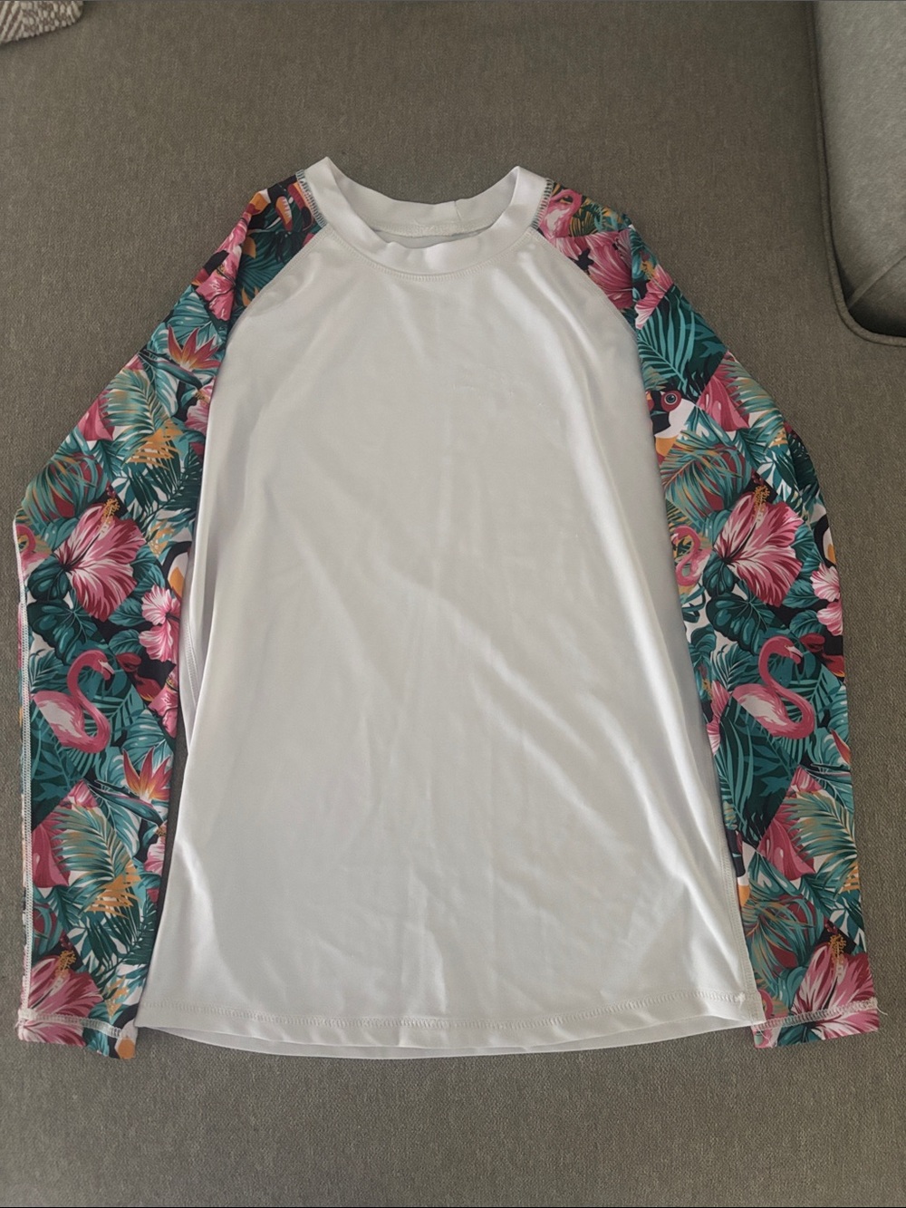 Womens White Rash Guard Swim Shirt with Tropical Pink Sleeve Accents